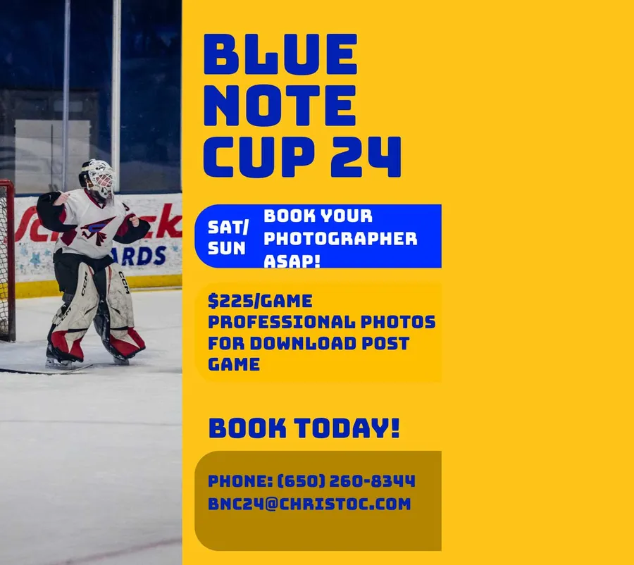 Capture the essence of your team's glory on ice with RainbowMarks Photography. Book your game now for exclusive photo services at the Blue Note Cup 2024! 📸