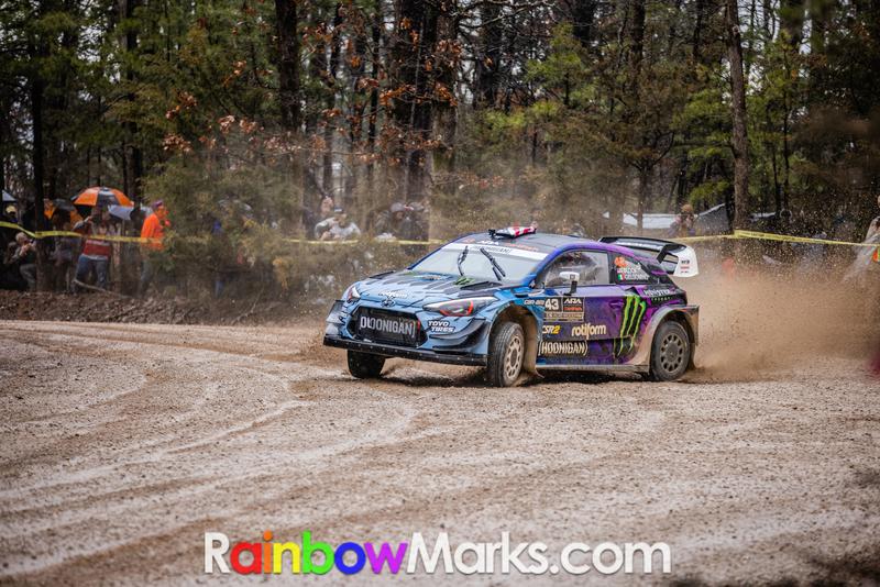 Ken Block and Alex Gelsomino in a Hyundai at the Rally in the 100 Acre Wood