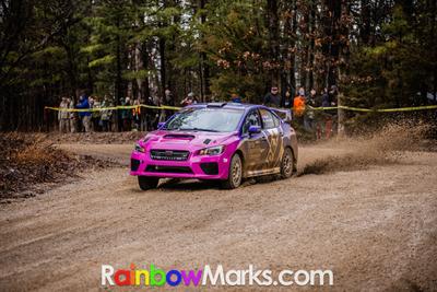 Wearn and Jankowski in a Subaru at the Rally in the 100 Acre Wood