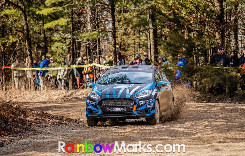 Lia Block and Matthew James in a Ford at the Rally in the 100 Acre Wood