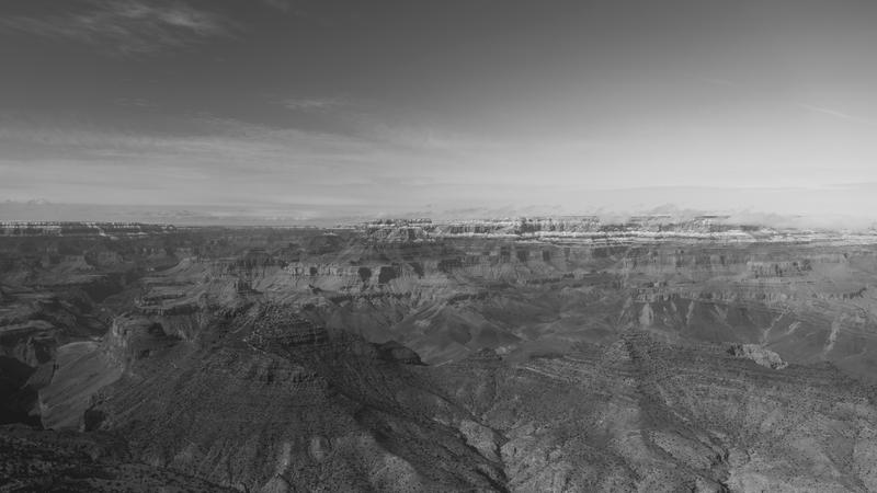 Black and White photo of the snow covered Grand Canyon