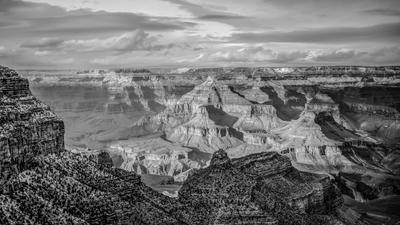 Black and White photo of the snow covered Grand Canyon